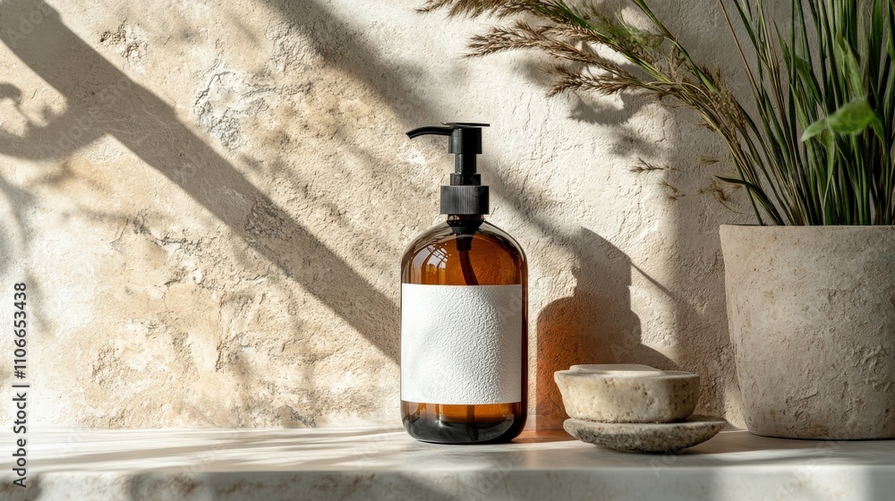 Elegant amber shampoo bottle with a white textured label placed on a natural beige stone, set against a beige minimalist background Elegant amber shampoo bottle with a white textured label placed on a natural beige stone, set against a beige minimalist background