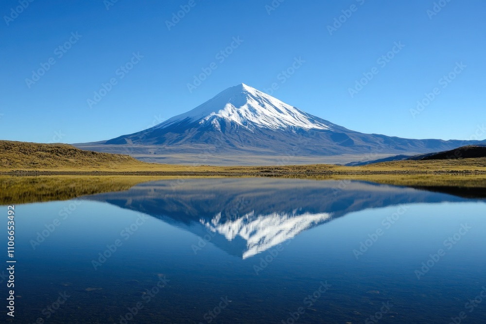Majestic snow-capped mountain reflecting on calm lake under clear blue sky Majestic snow-capped mountain reflecting on calm lake under clear blue sky