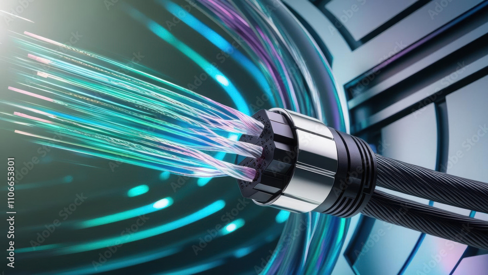 High speed optical cable with iridescent bandwidth flow creates cyber inspired background, showcasing cutting edge design and technology High speed optical cable with iridescent bandwidth flow creates cyber inspired background, showcasing cutting edge design and technology