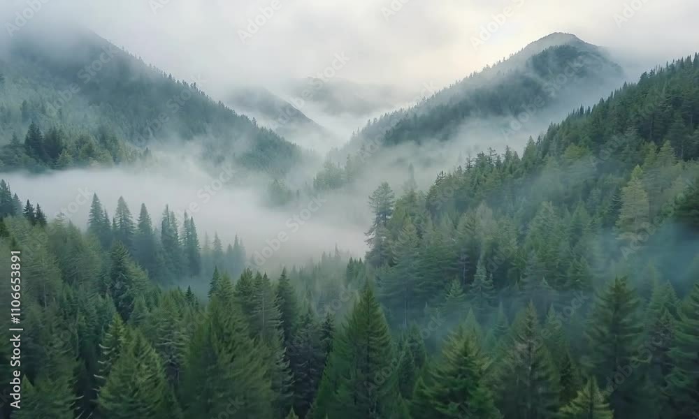 A misty forest landscape with mountains in the background, creating a serene atmosphere. A misty forest landscape with mountains in the background, creating a serene atmosphere.