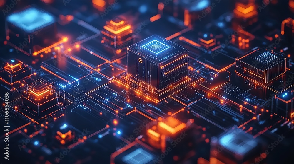 Abstract digital circuit board with glowing cubes and lines. Abstract digital circuit board with glowing cubes and lines.