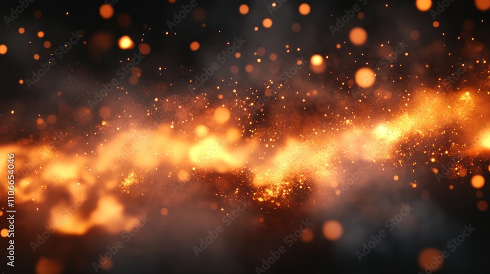 Fiery sparks and glowing embers floating in a dark, smoky background Fiery sparks and glowing embers floating in a dark, smoky background