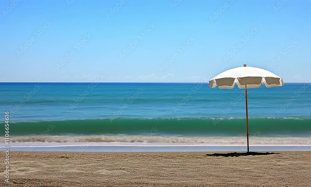 Tranquil beach scene with a lone umbrella, gentle waves, and clear blue skies, perfect for relaxation and summertime enjoyment by the shore with ai generated. Tranquil beach scene with a lone umbrella, gentle waves, and clear blue skies, perfect for relaxation and summertime enjoyment by the shore with ai generated.