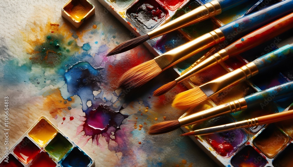 Fototapeta premium Artistic Workspace with Paintbrushes and Paint