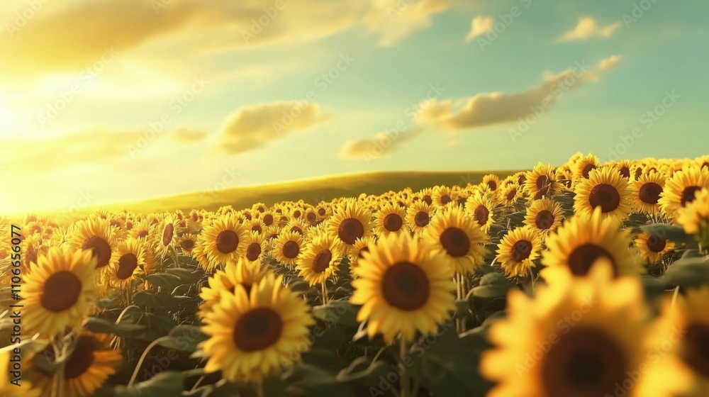 Fototapeta premium Vibrant Sunflower Field Under Golden Sunset Sky with Clouds