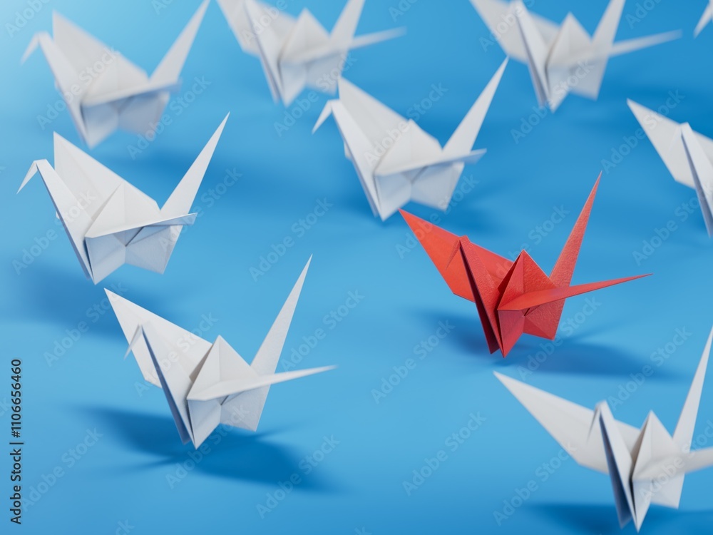 Different business concept.new ideas. paper art style. creative idea. red leader swan, standing out from the crowd of white swans.3D rendering on blue background. Different business concept.new ideas. paper art style. creative idea. red leader swan, standing out from the crowd of white swans.3D rendering on blue background.