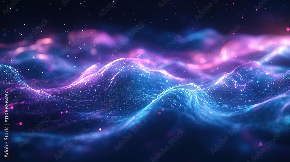 Abstract glowing waves, pink, blue, particles, dark background. Abstract glowing waves, pink, blue, particles, dark background.