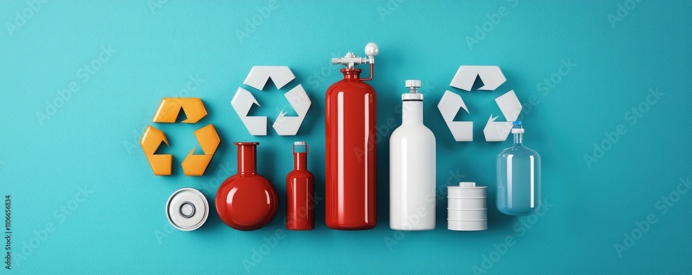 Obraz premium Chemical industry materials concept. A collection of colorful bottles and recycling symbols arranged on a vibrant blue background, highlighting the importance of recycling and sustainability.