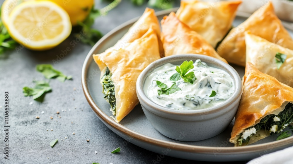 A plate of savory spinach and feta spanakopita triangles served with tzatziki sauce for dipping, Spanakopita triangles centered, Soft ambient lighting creating an inviting atmosphere A plate of savory spinach and feta spanakopita triangles served with tzatziki sauce for dipping, Spanakopita triangles centered, Soft ambient lighting creating an inviting atmosphere