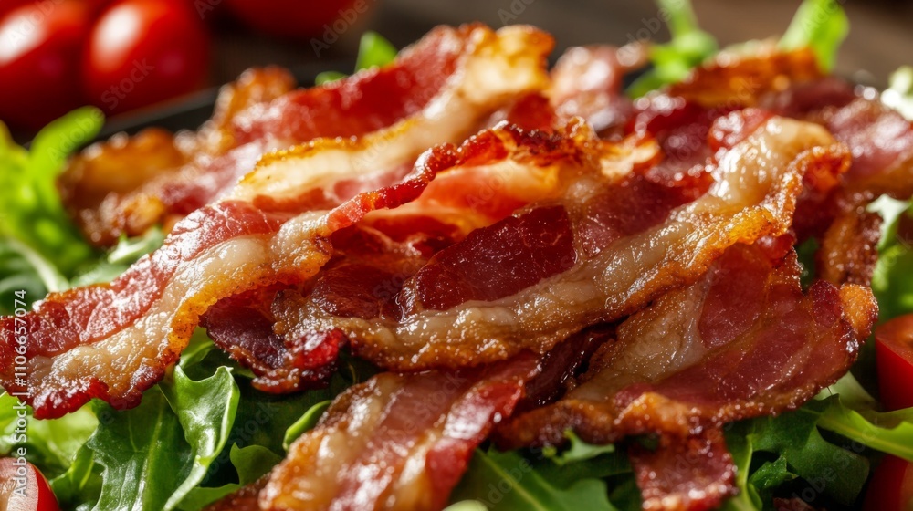 Crispy Bacon Strips on Fresh Green Salad with Cherry Tomatoes Crispy Bacon Strips on Fresh Green Salad with Cherry Tomatoes
