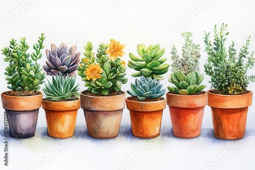 hand-painted watercolor collection of indoor plants in terracotta pots, showcasing a diverse array of vibrant foliage and succulents, perfect for home decor and garden design inspiration