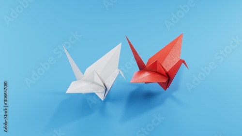 Different business concept.new ideas. paper art style.leader swan concept with red paper swan leading among white swans.3D rendering on blue background.