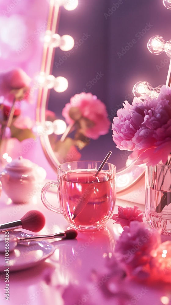 A makeup brush, a mirror with light bulbs, a makeup table, a transparent mug with red tea, a vase with a peony, a pose headband with a bow A makeup brush, a mirror with light bulbs, a makeup table, a transparent mug with red tea, a vase with a peony, a pose headband with a bow