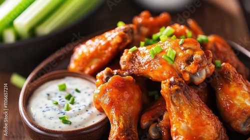 A plate of spicy buffalo chicken wings served with celery sticks and blue cheese dressing, Chicken wings centered, Warm overhead lighting accentuating their crispy skin photo