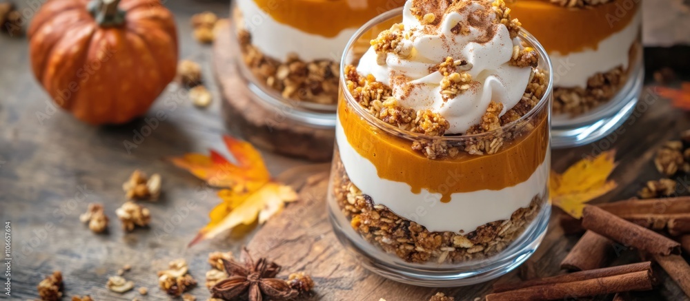 Layered parfait with pumpkin puree, spiced granola, and cinnamon yogurt, cozy autumn tones Layered parfait with pumpkin puree, spiced granola, and cinnamon yogurt, cozy autumn tones