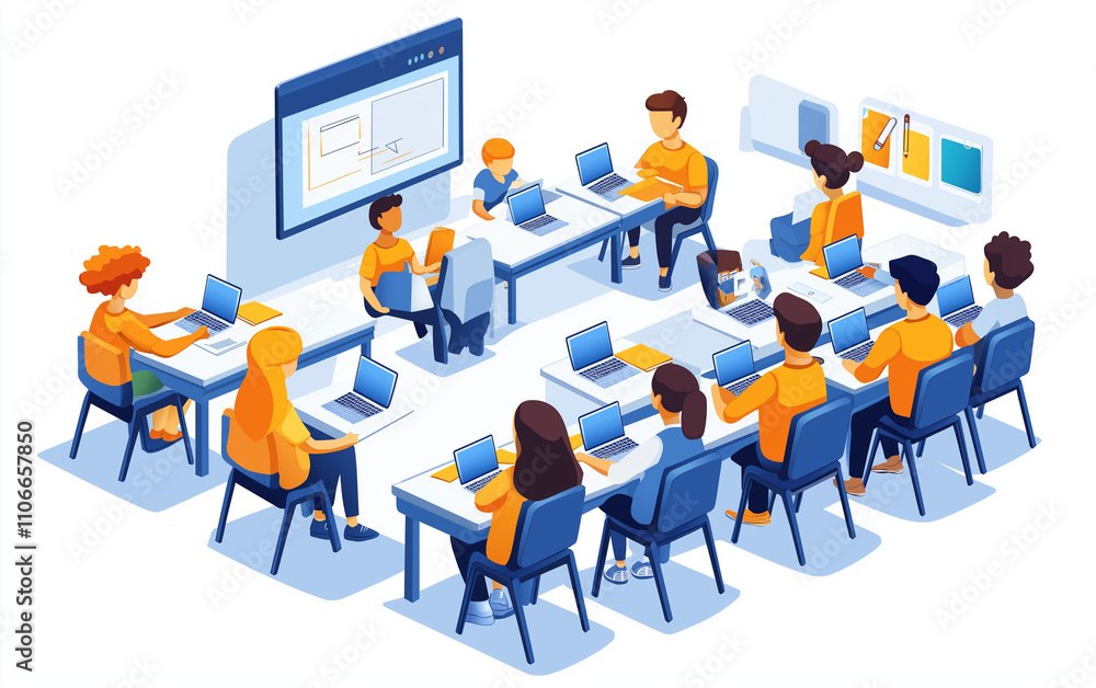 Vector illustration of a modern classroom, equipped with laptops for interactive learning. Vector illustration of a modern classroom, equipped with laptops for interactive learning.