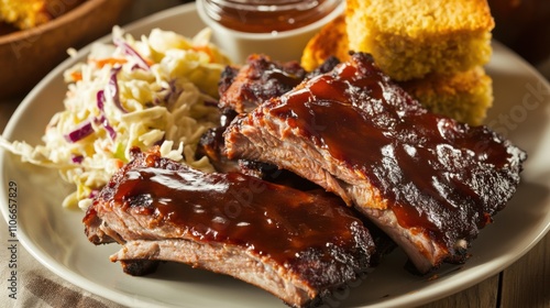 A plate of tender barbecue ribs glazed with smoky sauce and served with coleslaw and cornbread, Ribs arranged, Warm evening sunlight casting a golden hue