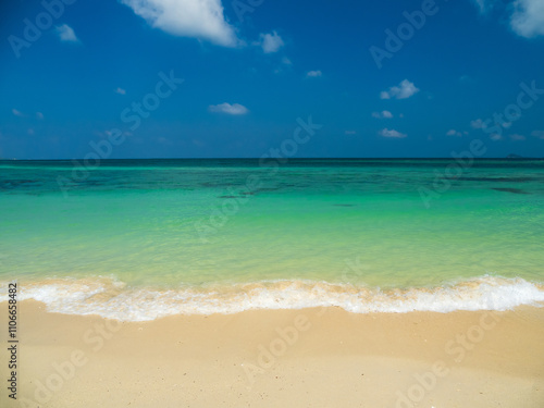 Horizon photogrphy beautiful landscape summer season vertical view tropical sea beach white sand clean blue sky background calm nature ocean wave water travel holiday at samae san island sun day time.