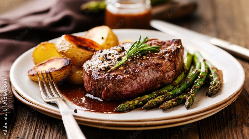 A plate of tender beef tenderloin steak served with roasted potatoes and grilled asparagus, Steak on plate, Soft evening sunlight casting a warm glow A plate of tender beef tenderloin steak served with roasted potatoes and grilled asparagus, Steak on plate, Soft evening sunlight casting a warm glow