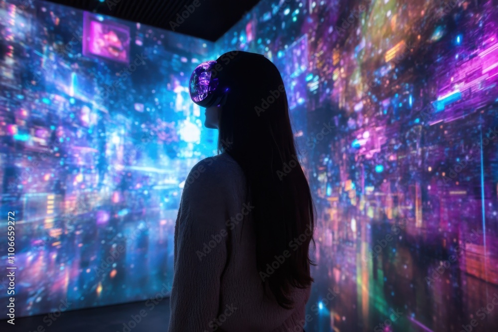 Woman in a digital festival with holograms and augmented reality experiences, highlighting innovation and creativity Woman in a digital festival with holograms and augmented reality experiences, highlighting innovation and creativity