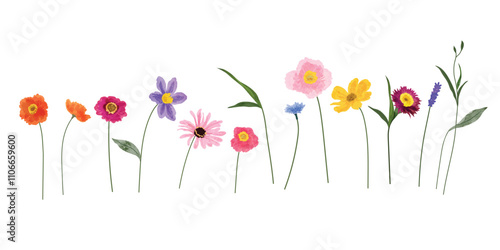 Collection of spring colorful watercolor flower elements vector. Set floral of wildflower, leaf branch, foliage. Hand drawn blossom illustration for decor, easter, thanksgiving, clipart.