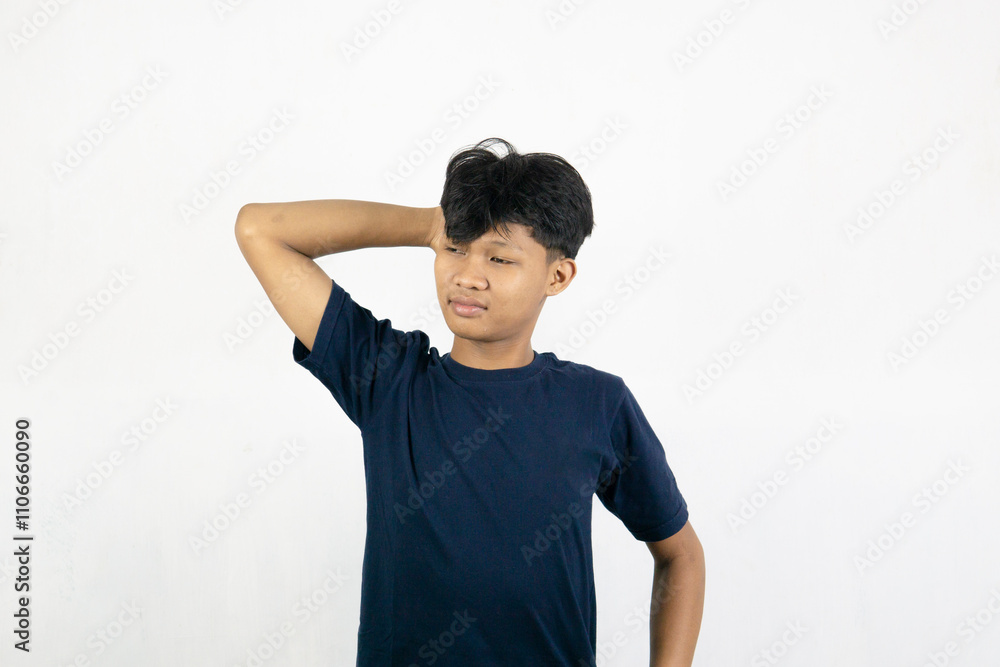 Asian man with sleepy expression with messy hair. Wake up concept. Isolated on white background Asian man with sleepy expression with messy hair. Wake up concept. Isolated on white background