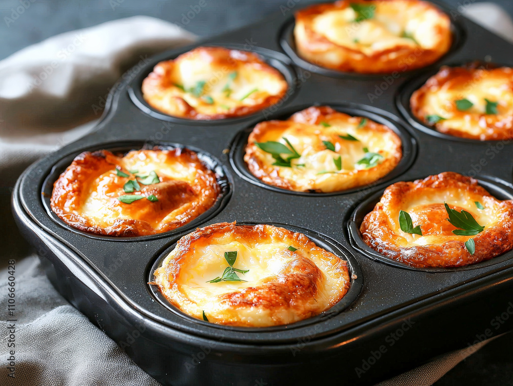 muffin tin filled with freshly baked egg muffins garnished with herbs, showcasing golden brown crust and delicious aroma. Perfect for breakfast or brunch gatherings muffin tin filled with freshly baked egg muffins garnished with herbs, showcasing golden brown crust and delicious aroma. Perfect for breakfast or brunch gatherings