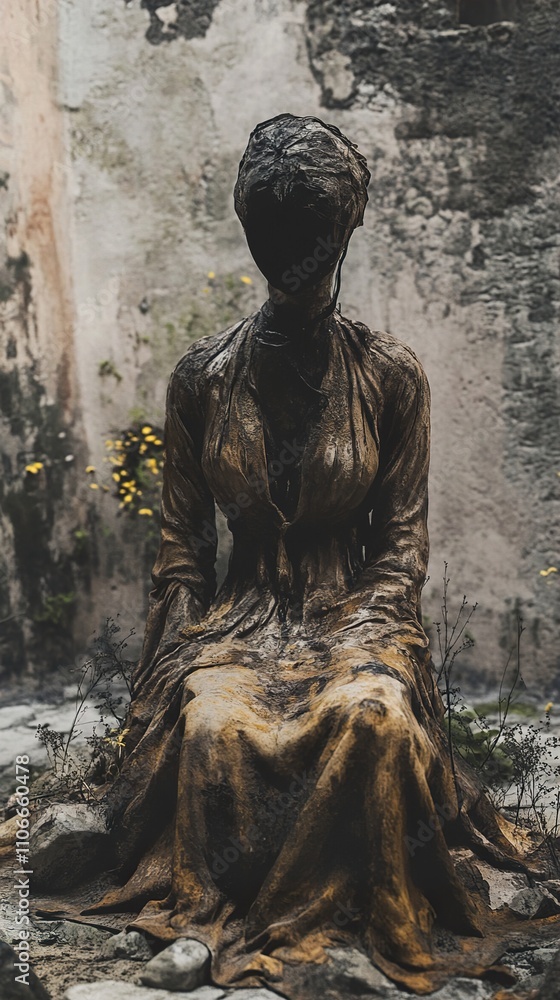 Weathered Stone Statue: Enigma of Time and Solitude Weathered Stone Statue: Enigma of Time and Solitude