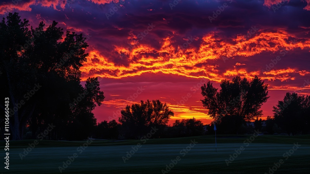 Obraz premium Stunning Sunset Over Golf Course with Dramatic Clouds and Trees