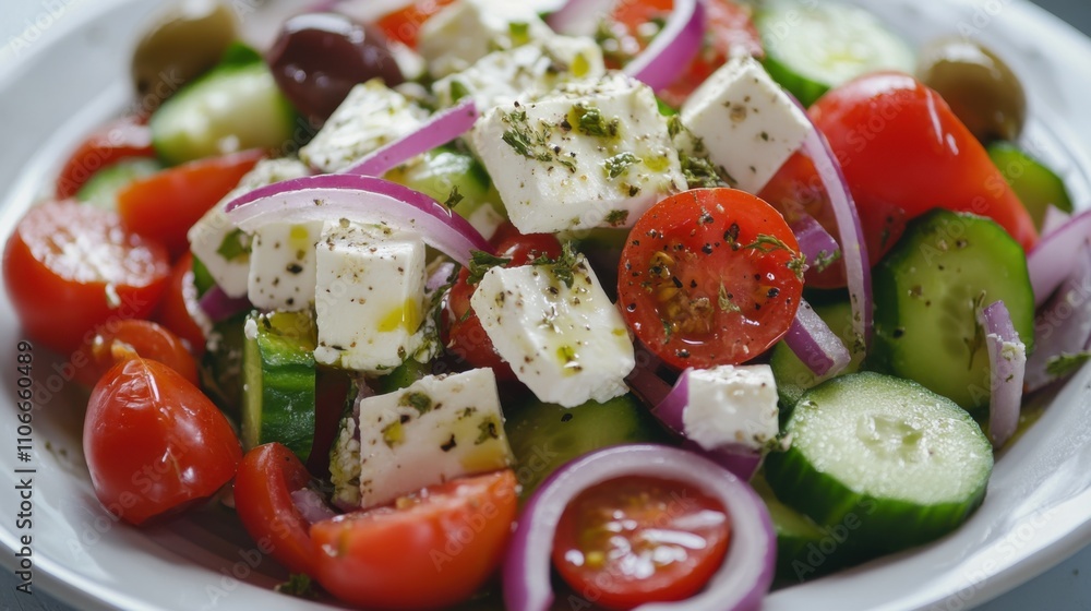 A plate of vibrant Greek salad with feta cheese, cherry tomatoes, cucumber A plate of vibrant Greek salad with feta cheese, cherry tomatoes, cucumber