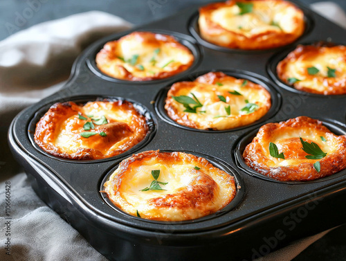 muffin tin filled with freshly baked egg muffins garnished with herbs, showcasing golden brown crust and delicious aroma. Perfect for breakfast or brunch gatherings