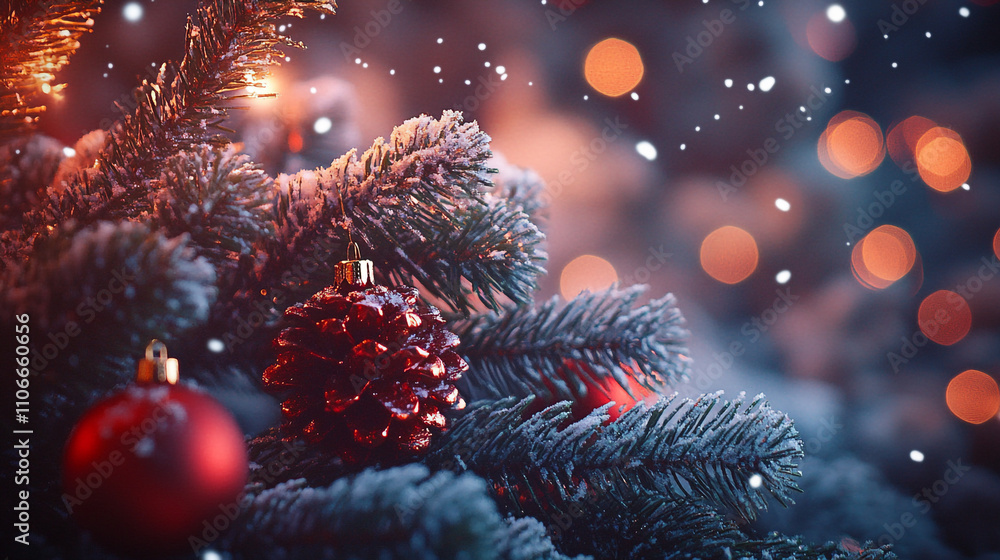 Fototapeta premium Decorated evergreen tree with ornaments and snowflakes during festive season