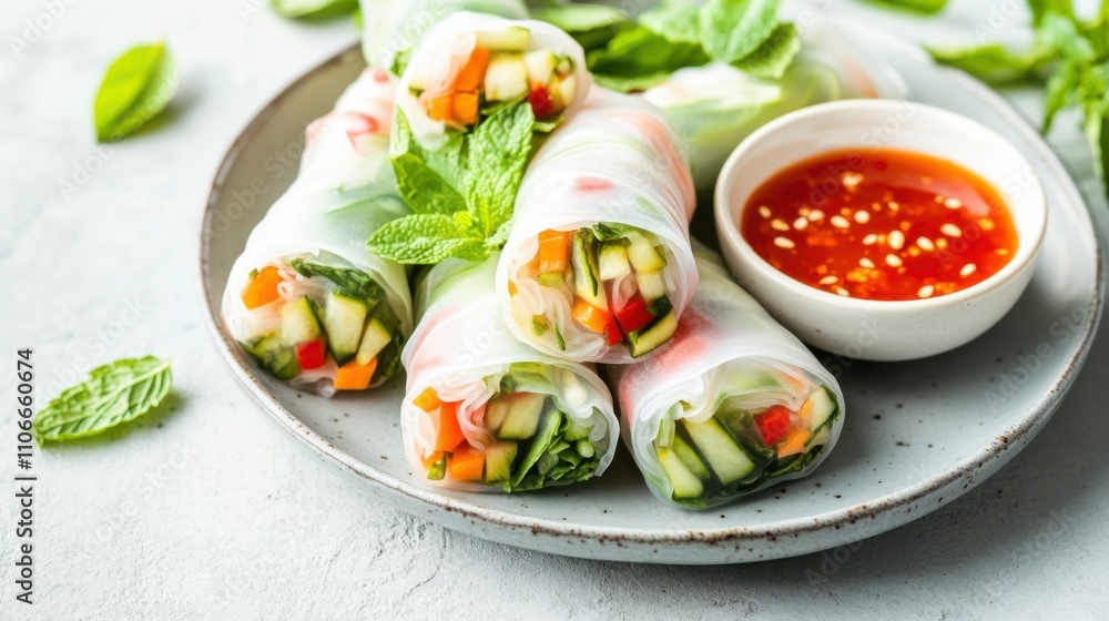 A plate of vibrant vegetable spring rolls served with sweet chili dipping sauce, Vegetable spring rolls plate centered, Soft natural light accentuating their colorful fillings A plate of vibrant vegetable spring rolls served with sweet chili dipping sauce, Vegetable spring rolls plate centered, Soft natural light accentuating their colorful fillings