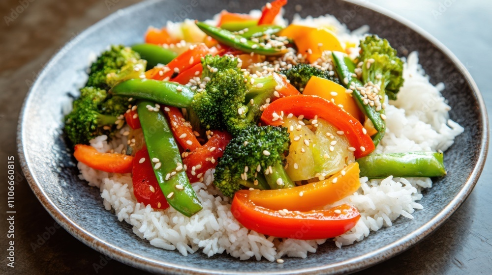 A plate of vibrant vegetable stir-fry featuring bell peppers, broccoli, carrots A plate of vibrant vegetable stir-fry featuring bell peppers, broccoli, carrots