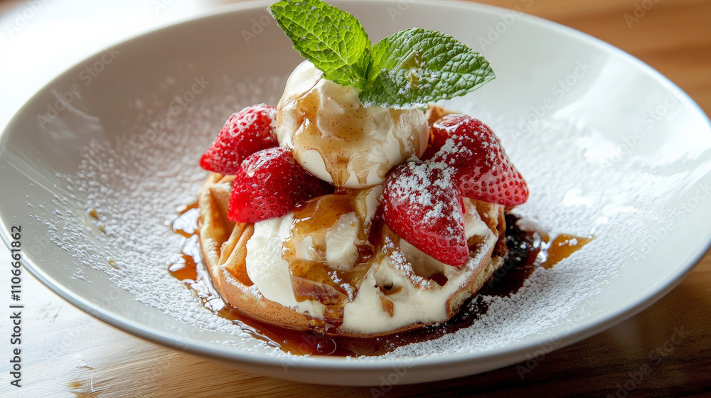delicious whole grain waffle topped with fresh strawberries, creamy yogurt, and drizzle of honey, garnished with mint leaf, served on white plate delicious whole grain waffle topped with fresh strawberries, creamy yogurt, and drizzle of honey, garnished with mint leaf, served on white plate