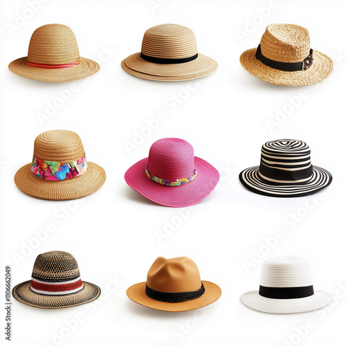 Collection of women’s hats isolated on a white background