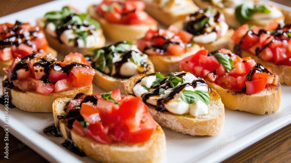 A platter of assorted bruschetta topped with tomatoes, basil, mozzarella A platter of assorted bruschetta topped with tomatoes, basil, mozzarella
