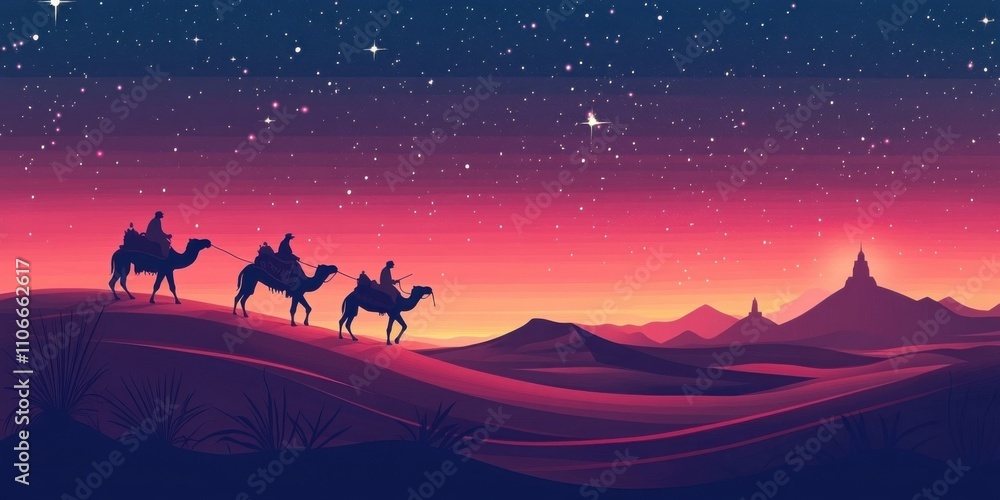 Fototapeta premium Silhouette of camel caravan in Sahara desert, Indian camel driver with camel silhouettes in sand dunes of Thar desert on sunset, concept of travel, adventure, Bethlehem, three Kings