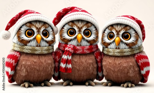 owl christmas Three knitted owls wearing christmas hats, scarves, sitting together, showcasing festive holiday spirit  animal, decoration, season, bird photo