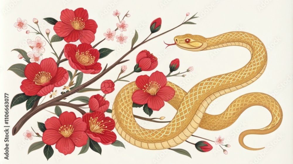 Floral Surrounding A golden s entwined around blossoming red flowers creating a harmonious representation of natures beauty and the cycle of life. The ss scales glisten with golden Floral Surrounding A golden s entwined around blossoming red flowers creating a harmonious representation of natures beauty and the cycle of life. The ss scales glisten with golden