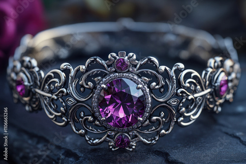 Purple stone surrounded by silver flames, glowing with an enchanting brilliance. photo