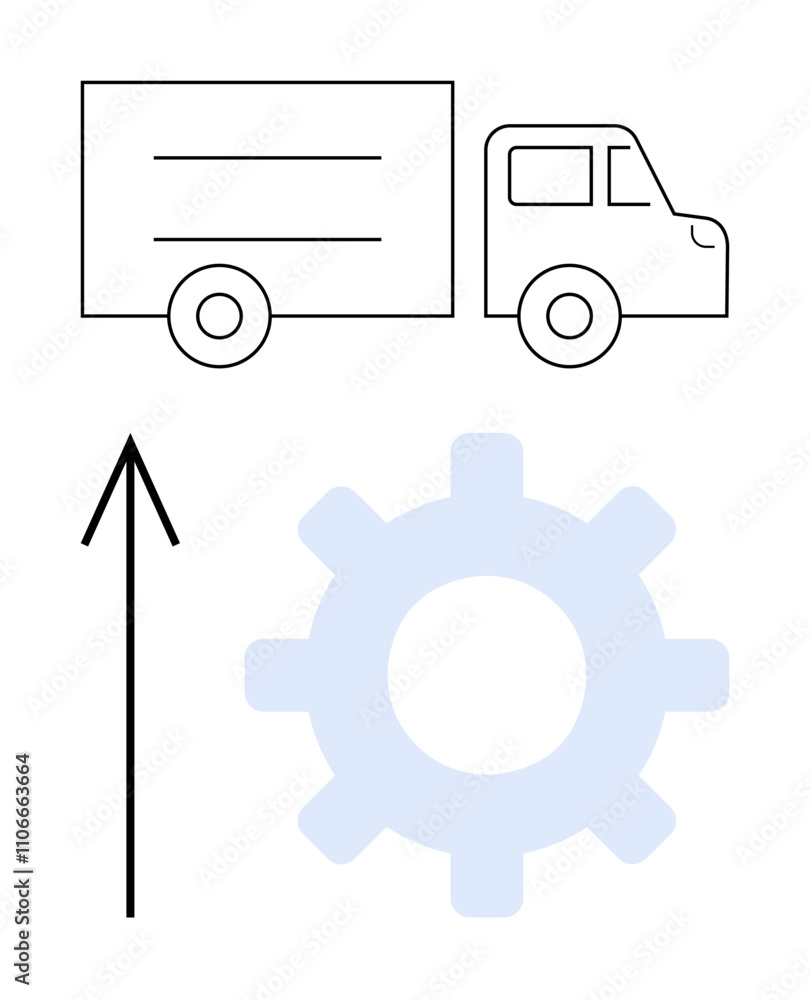 Line art truck with an upward arrow and a light blue gear. Ideal for concepts thumbs up transport, logistics, supply chain, progress, development, growth, and industry. Line metaphor Line art truck with an upward arrow and a light blue gear. Ideal for concepts thumbs up transport, logistics, supply chain, progress, development, growth, and industry. Line metaphor