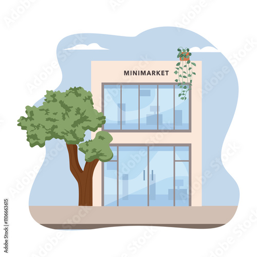 Minimarket building illustration. Business district. Building clip art. Mart. Retail. Sale product.