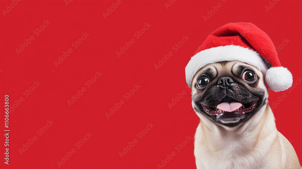 Cute puppy smiling wearing a red Santa Claus hat.on a pastel background Cute puppy smiling wearing a red Santa Claus hat.on a pastel background
