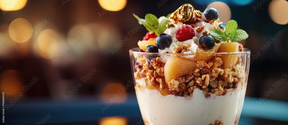 Luxurious parfait with gold flakes, honey-glazed walnuts, and exotic fruit, rich and upscale design Luxurious parfait with gold flakes, honey-glazed walnuts, and exotic fruit, rich and upscale design