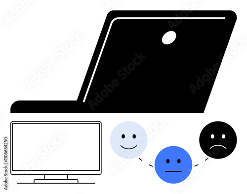 Laptop and monitor with three emotive faces happy, neutral, sad below. Ideal for tech feedback, user experience, customer satisfaction, productivity, online communication remote work. Line metaphor