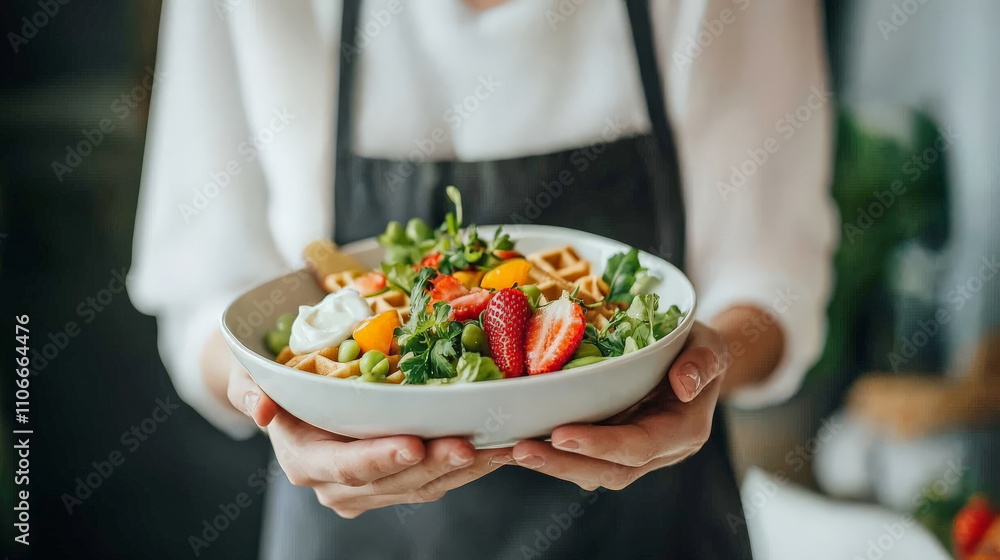 person holds bowl of whole grain waffles topped with yogurt, fresh strawberries, and greens, creating vibrant and healthy breakfast option person holds bowl of whole grain waffles topped with yogurt, fresh strawberries, and greens, creating vibrant and healthy breakfast option