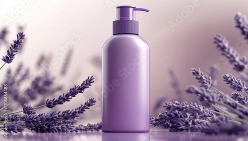 Professional And Luxurious Hair Shampoo Bottle With A Purple Package Design, Featuring A Realistic 3d Plastic Container Mockup Infused With Lavender Extract. photo