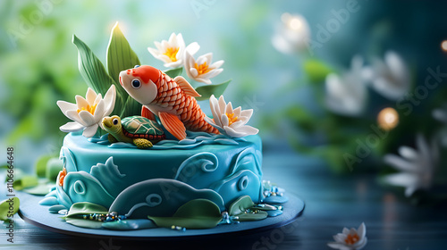 Serene Koi Pond Cake Edible Art with Turtle and Lily Pads photo