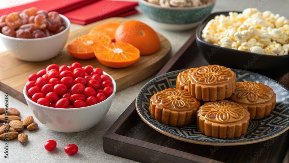 Popcorn and Treats A closeup shot features a colorful assortment of treats on the coffee table - bright red candies mandarin oranges and an intricate plate of traditional mooncakes Popcorn and Treats A closeup shot features a colorful assortment of treats on the coffee table - bright red candies mandarin oranges and an intricate plate of traditional mooncakes